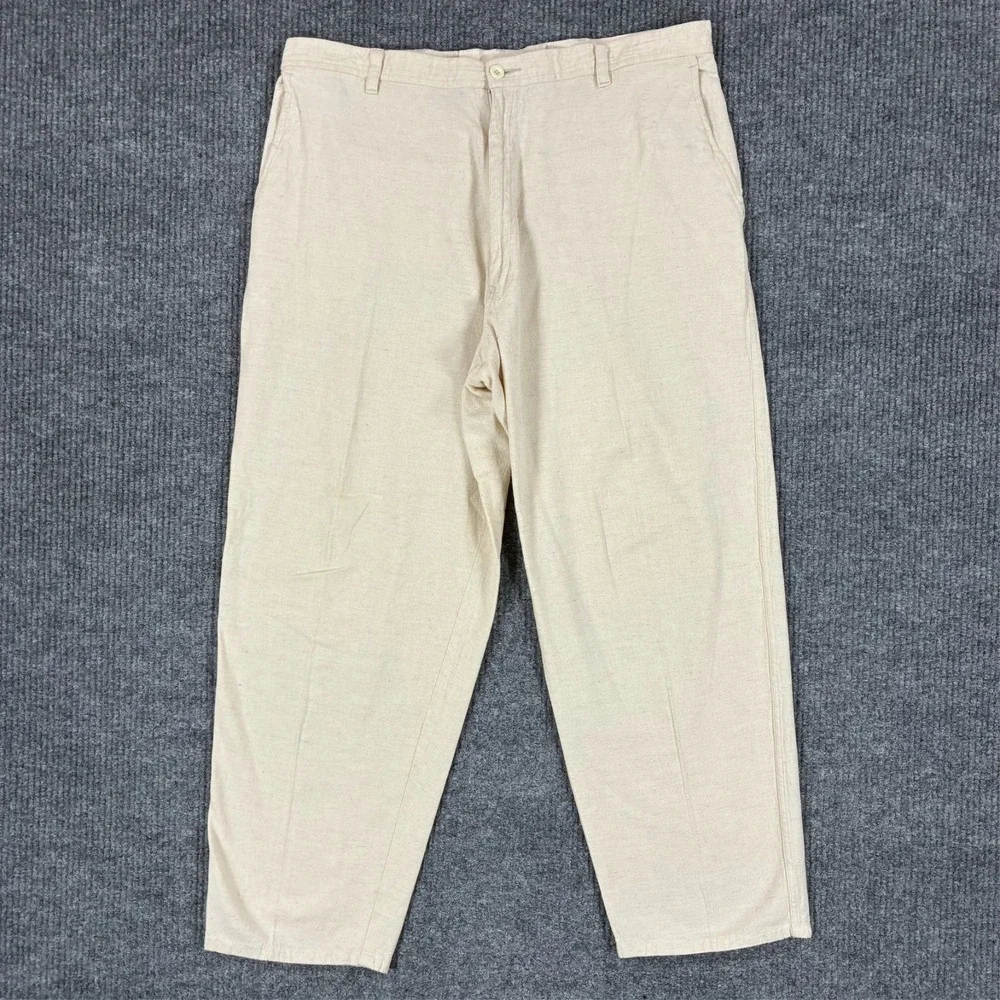 Ossinne Mens Size 44 Linen Cotton Casual Pants Beige Straight Leg High Rise